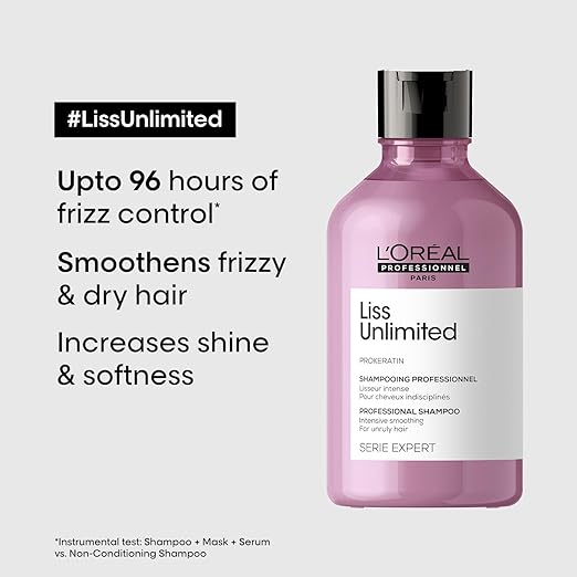 L'Oréal Professionnel Liss Unlimited Shampoo, 300Ml - 8901526509263 - Upto 96 hours of frizz control, Smoothens Frizzy & dry hair, Increases Shine & Softness L'Oréal Professionnel Liss Unlimited Shampoo, 300Ml - 8901526509263 - Upto 96 hours of frizz control, Smoothens Frizzy & dry hair, Increases Shine & Softness
