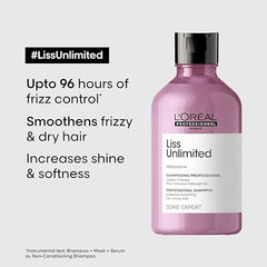 L'Oréal Professionnel Liss Unlimited Shampoo, 300Ml - 8901526509263 - Upto 96 hours of frizz control, Smoothens Frizzy & dry hair, Increases Shine & Softness L'Oréal Professionnel Liss Unlimited Shampoo, 300Ml - 8901526509263 - Upto 96 hours of frizz control, Smoothens Frizzy & dry hair, Increases Shine & Softness