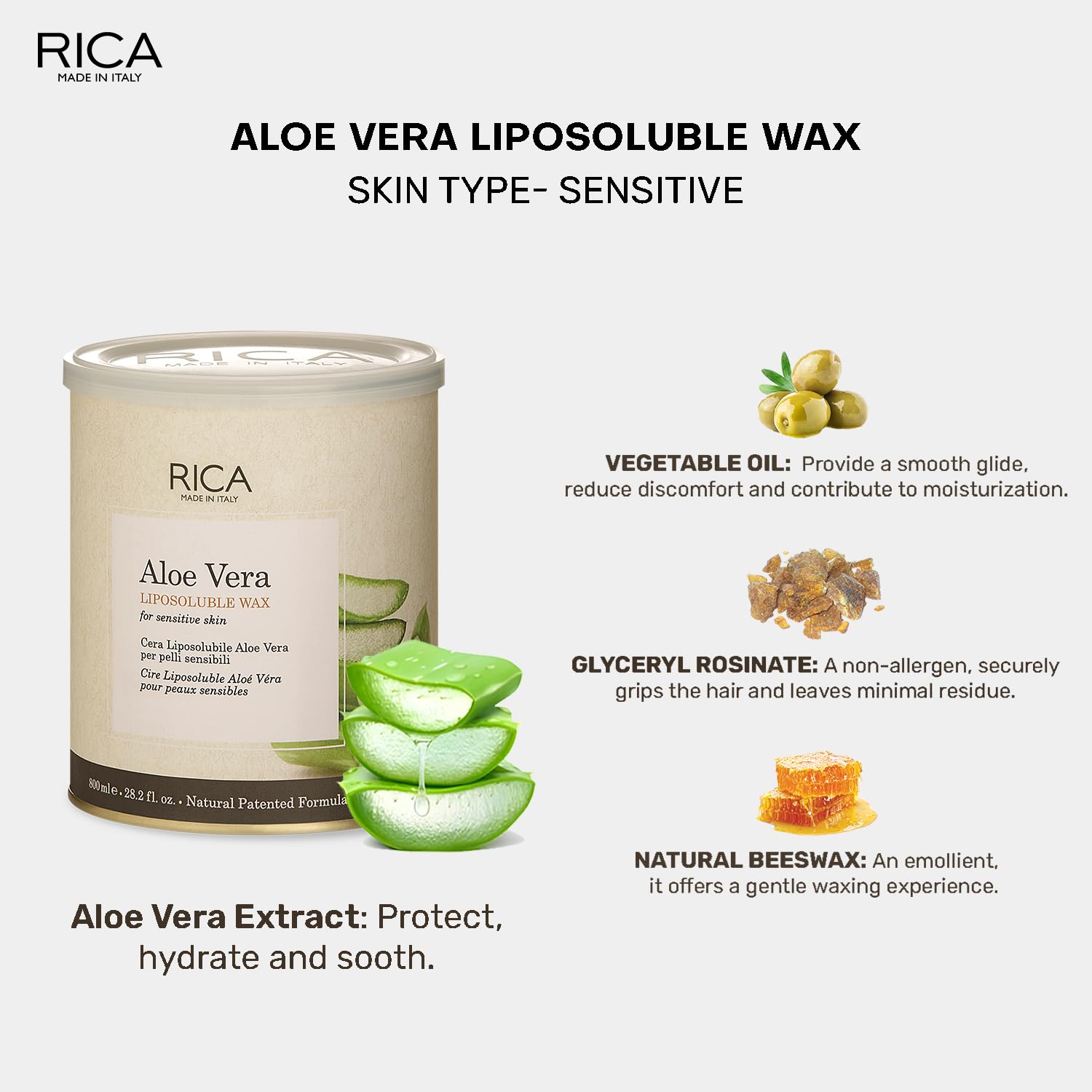 Rica Aloe Vera Liposoluble Wax For Men & Women, 800ml - 8021515001599 - Skin Type Sensitive Rica Aloe Vera Liposoluble Wax For Men & Women, 800ml - 8021515001599 - Skin Type Sensitive