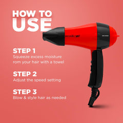 Ikonic Mini Speedy Hair dryer-Red| 1000W |Lightweight|Foldable Handle |Travel Friendly