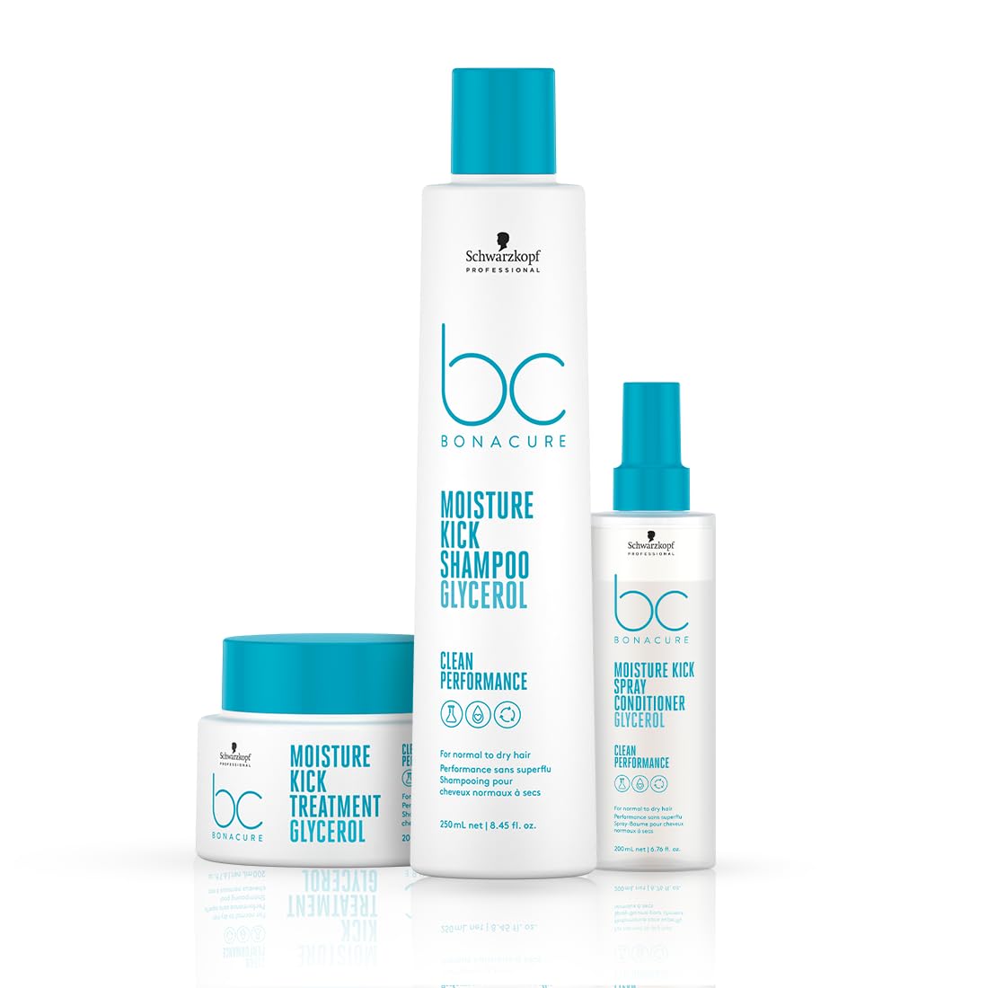 Schwarzkopf Professional New Bonacure Moisture Kick Range - Shampoo(250ml) + Spray Conditioner(200ml) + Treatment(200ml) - Clean Combo