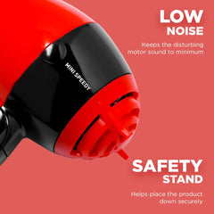 Ikonic Mini Speedy Hair dryer-Red| 1000W |Lightweight|Foldable Handle |Travel Friendly