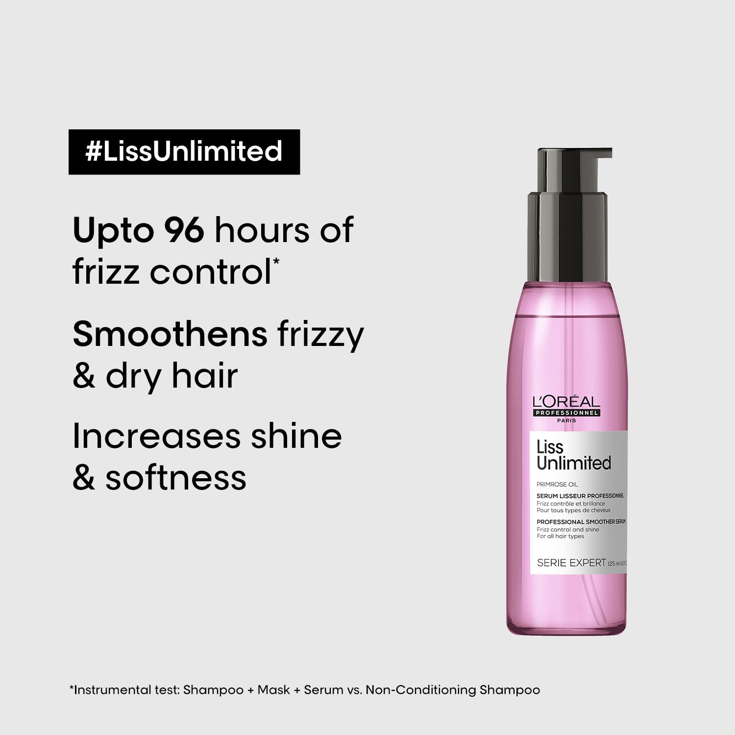 L'Oreal Professionnel Liss Unlimited Primrose Oil 125ml Leave-In Serum - 8901526541317 - up to 96 hours of frizz control, Smoothens Firzzy & Dry hair, Increases Shine & Softness