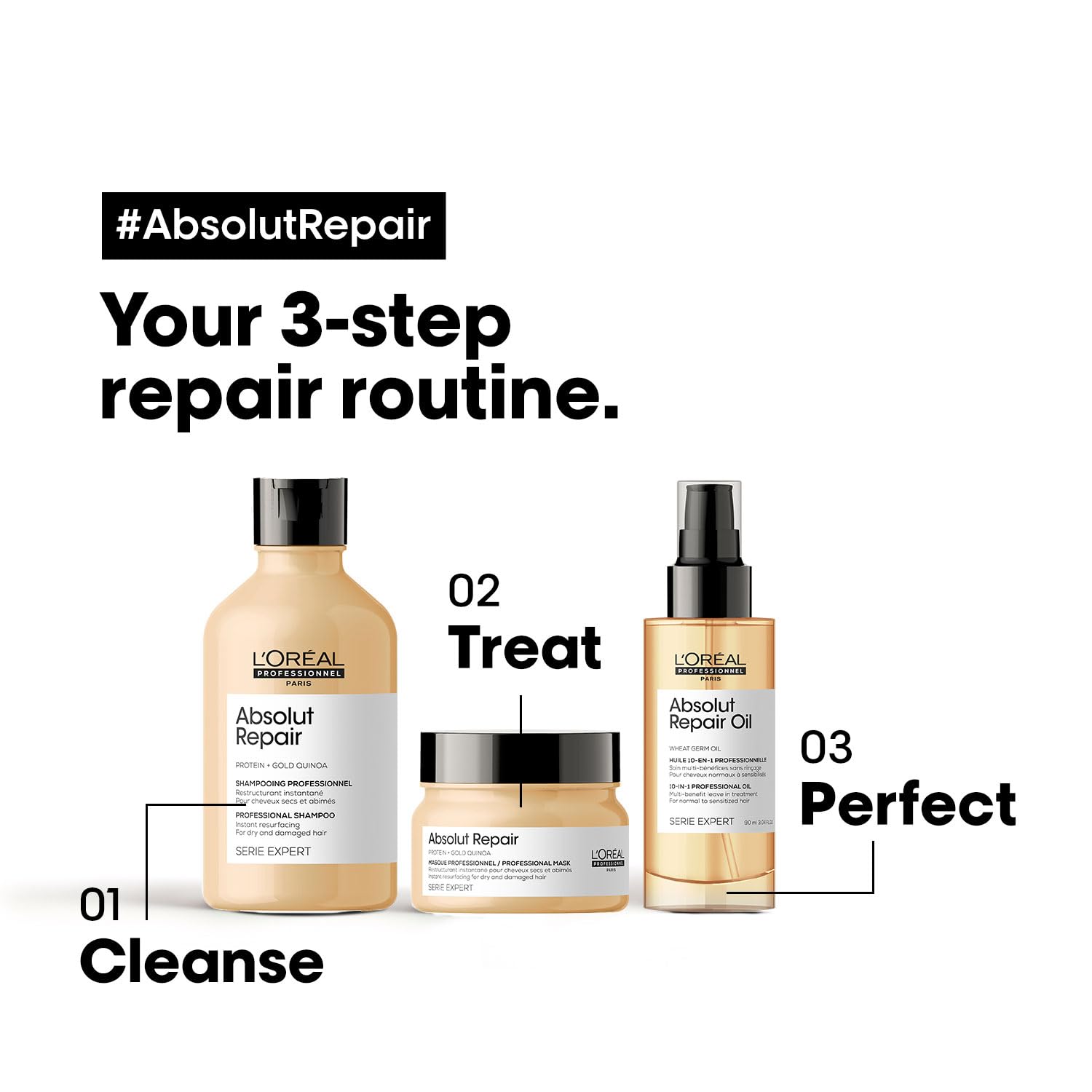 L'oreal Professionnel Paris Absolut Repair Hair Oil, 90ml - 3474636977369 - 3 step Routine for Absolut Repair oil 