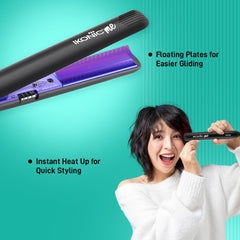 Ikonic Mini Hair Straightener,Slim Ceramic Mini Floating Plates, Ideal for Small Hair and Bangs, Quick Styling, Light-weight and travel friendly, Instant Heat Technology,Black & Purple with 1 Year Warranty