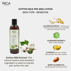 Rica Cotton Milk Pre Wax Gel Cleansing Waxing Hair Cleaning with Naural Extracts for Hydration & Softening Skin - 250ml