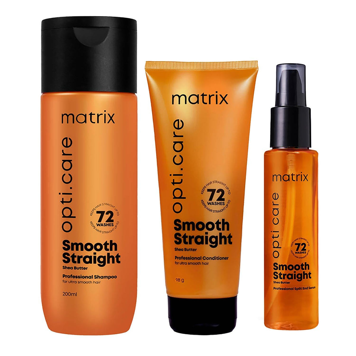 Matrix Opti.Care Professional Shampoo + Conditioner + Serum Combo for Salon Smooth Straight Hair | Control Frizzy Hair for up to 4 Days | With Shea Butter | No Added Parabens (200 ml + 98 g + 100 ml )