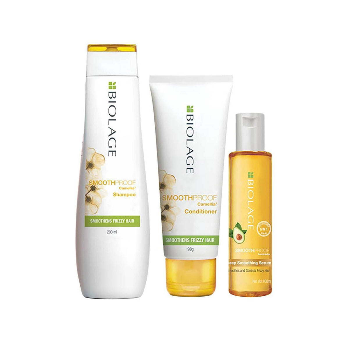 Biolage Smoothproof Professional 3-Step Regime Used in Salons | Shampoo + Conditioner + Serum for Frizz-Free Hair for up to 72 HRS | With Camellia Flowers | No Added Parabens (200ml + 98g + 100 ml)